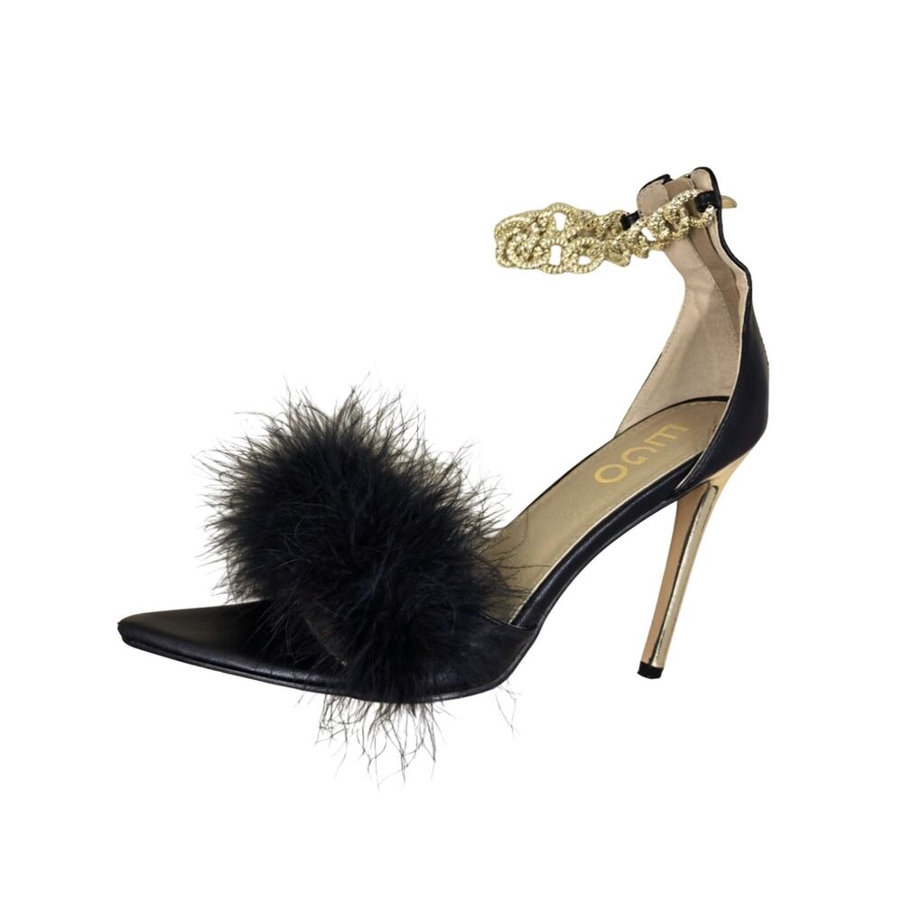 EGO 7 Black Feather & Gold Chain Heels